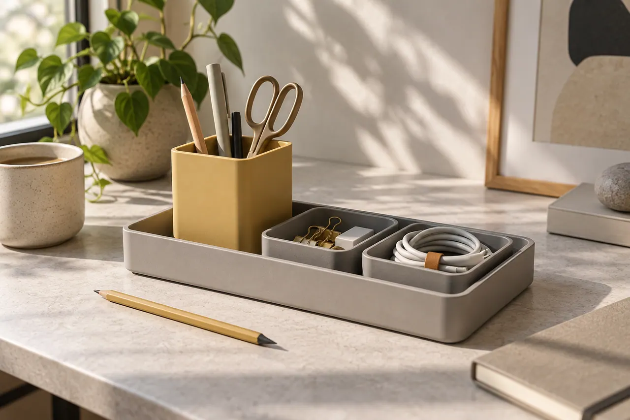 A fictional warm gray shallow rectangular desk tray holding a muted yellow removable pen cup and two small gray accessory bins.