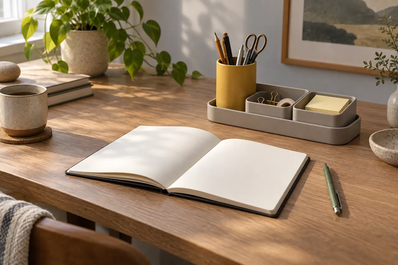 A warm gray modular tray with muted yellow pen cup and two small bins set beside an open blank notebook on a modest desk.